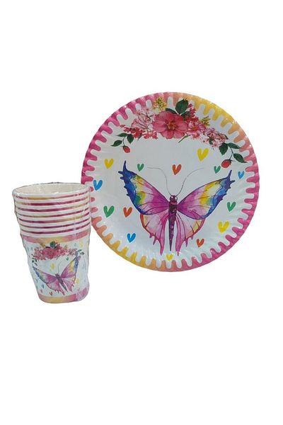 Kelebek Oyuncak Butterfly Themed Cardboard Plate and Cup Set - 8 People