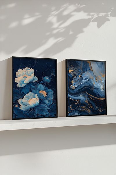 STARYUNA Set of 2 Paintings with Floral Marble Effect Black Wooden Frame Yuna14