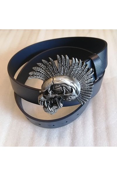 Butik Tülin Unisex Authentic Genuine Cowhide Navy Blue Gray Metallic Punk Skull Skull Cowboy Buckle Belt