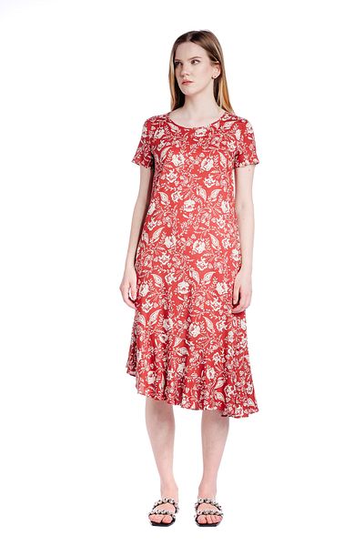 RVL Asymmetrical dress, brown/flowers with ruffles
