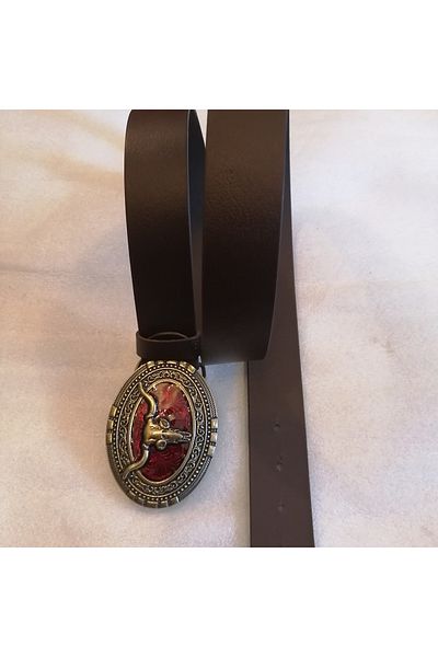 Butik Tülin Unisex Authentic Genuine Cowhide Leather Coffee Bronze Red Enamel Buffalo Skull Cowboy Buckle Belt