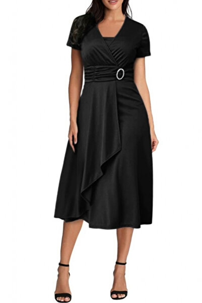 buğrahayalin Women's Short Sleeve Double Breasted Collar Belt And Buckle Detail Crepe Dress