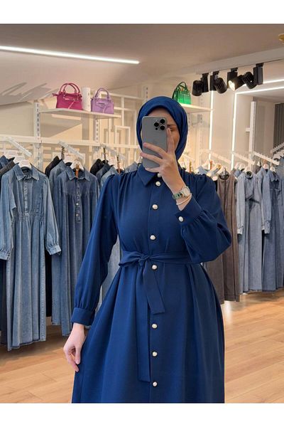 OlaLady Back a Pile Button Belted Hijab Dress