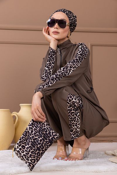 dilber fashion Σετ μαγιό Leopard Garnished με καπέλο και τσάντα δώρο με κορδόνι στη μέση