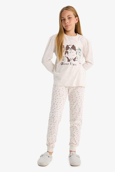 DeFacto Set pijamale pentru fete, cu imprimeu câine, cu mâneci lungi, cu model, fund lung F1084A825AU