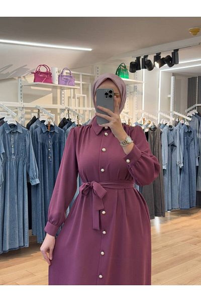 OlaLady Back a Pile Button Belted Hijab Dress