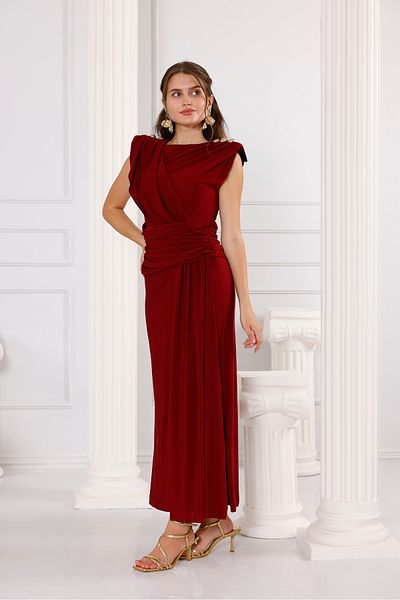 Moda Palmiss Women's Burgundy Gathered Detailed Shoulder Accessory Sandy Evening Dress