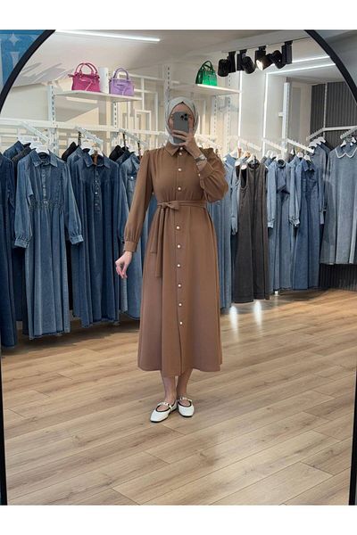 OlaLady Back a Pile Button Belted Hijab Dress