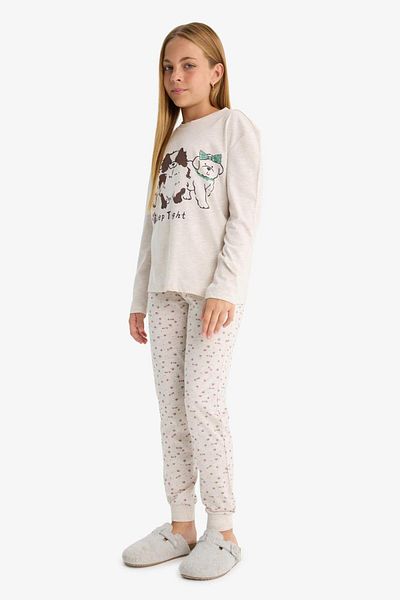 DeFacto Set pijamale pentru fete, cu imprimeu câine, cu mâneci lungi, cu model, fund lung F1084A825AU