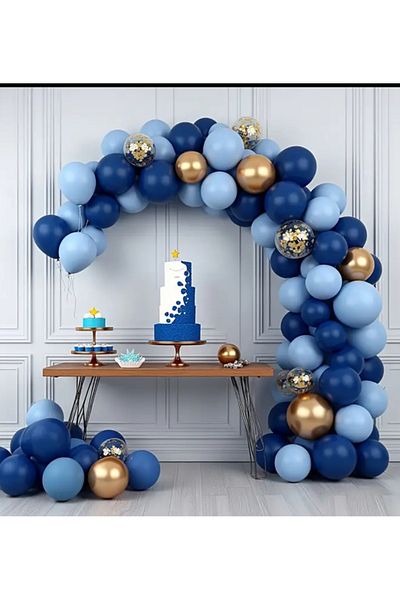 Çemrek Süs Parti Baby Circumcision Birthday Balloon Set Navy Blue Gold Chrome Transparent Sequin Balloon Chain Set of 100
