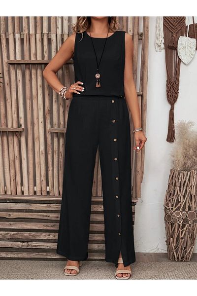 JANES Women's Sleeveless Buttoned Asymmetrical Detailed Wrinkled Blouse and Trousers Set
