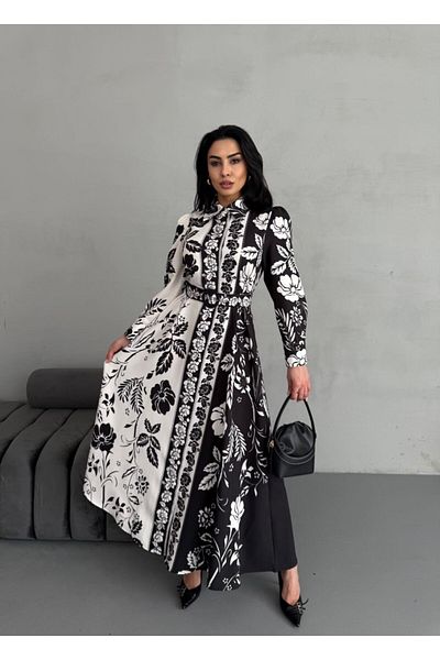 Pulli Collection Atlas Fabric Floral Patterned Belted Long Dress