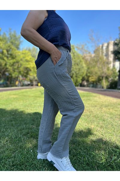 sielta Gray Women's 100% Cotton Plus Size Muslin Fabric Trousers