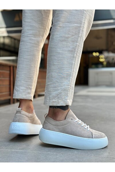 TUGERDİ Cream Imported Suede Lace-Up Lightweight High Sole Style Men's Sports Shoes Tgd230161