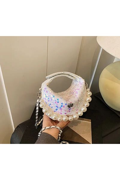 La Saade Pearl Glimmer Bag-Shimmering Sequin Pearl Detailed Cocktail Clutch Hand and Arm Bag