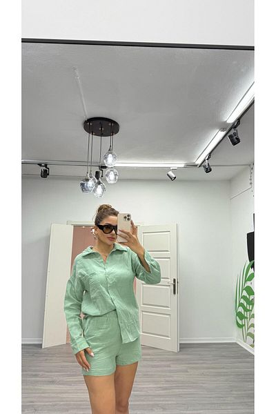 Daves Țesătură de muselină verde Cămașă cu croială lejeră Pantaloni scurți Set din două piese
