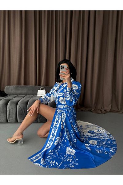 Pulli Collection Atlas Fabric Floral Patterned Belted Long Dress