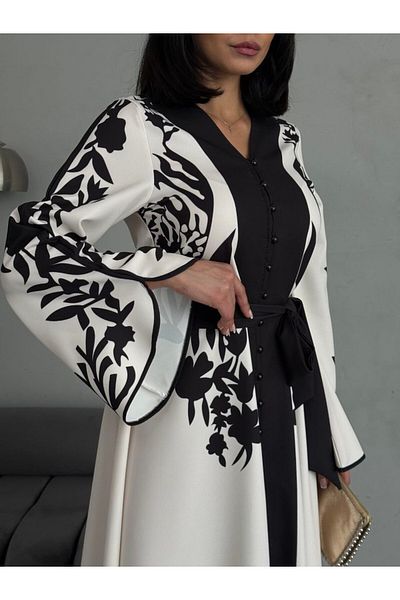 Pulli Collection Atlas Fabric Burgundy Patterned Belted Long Dress