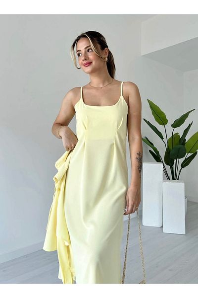 Afiş Butik Yellow Strap Pleated Shirt Midi Dress