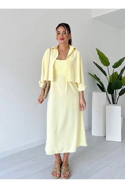 Afiş Butik Yellow Strap Pleated Shirt Midi Dress