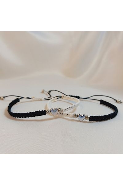 Crystal Atelier Unisex Black Macrame Knitted 2-Piece Bracelet-Gift Bracelet-Lover Friend Bracelet-Heart Bracelet