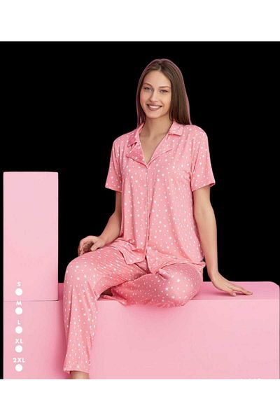 aytenli Shirt Collar Button Short Sleeve Patterned Lycra Loose Milan Fabric Pajama Set