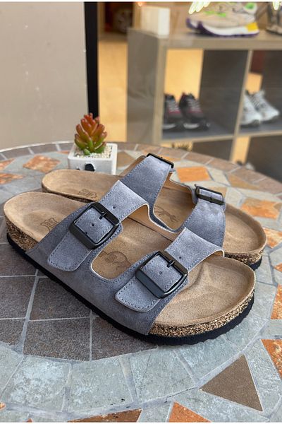 Lemoors Maria Natural Cork Genuine Leather Double Banded Anthracite Color Women's Slippers