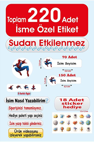 cabuk baskı İsme Özel Örümcek Adam Temalı Okul Etiketi - Defter, Kalem, Kitap...