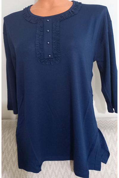 Anne Er Clothing Summer Combed Cotton Blouse Crew Neck Capri Sleeve K.Blue