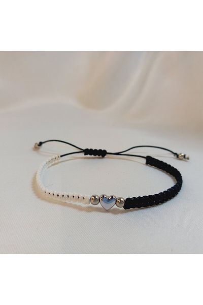 Crystal Atelier Unisex Black Macrame Knitted 2-Piece Bracelet-Gift Bracelet-Lover Friend Bracelet-Heart Bracelet