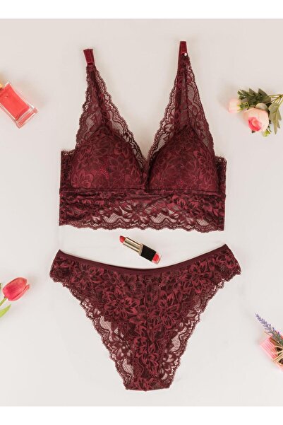 SVD Collectıon Bordo Dantel Detaylı Bralet Takım