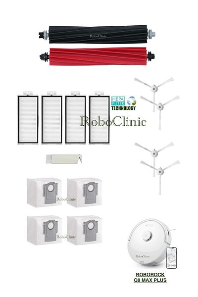 Roboclinic كيس غبار متوافق مع مكنسة Roborock Q8 Max Plus، فرشاة، مجموعة مرشحات Hepa - 15 قطعة