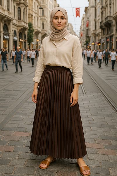 LePold Women's Pleated Satin Look Long Skirt Hijab Compatible City Style