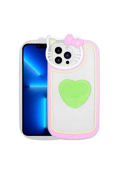 Cep Plus iPhone 13 Pro Compatible Cat Figured Transparent Pop Socket Cppl Rhythmic Case-Green