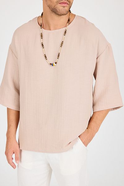 BABBOSS Oversize Bohemian Off Shoulder Λινό T-Shirt