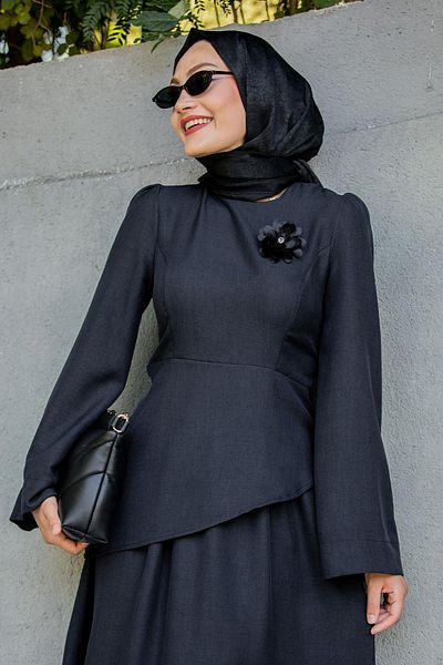 Tesettür Çarşım Rise Linen Brooch Blouse Skirt Set-Black