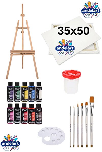 andelart Ayaklı Şövale+35x50 Tuval10'lu Akrilik120 Cc+6'lı Fırça Set -35x50-akrilik Set-6'lı Fırça