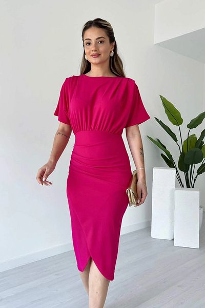 Aventien Rochie midi fucsia cu mâneci liliac cu umăr pliat