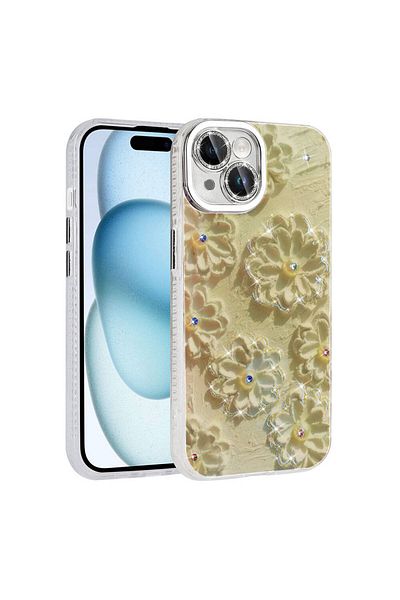 Cep Plus iPhone 14 Case Flower Patterned Shiny Stones Hard Silicone Cppl Garden Cover - White