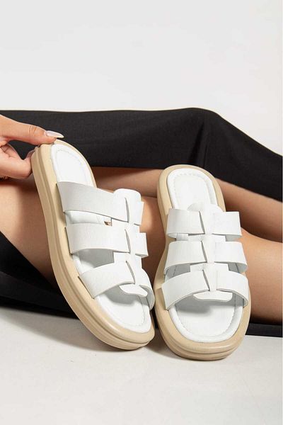 AYAKKABİSEPETİ WHITE GENUINE LEATHER WOMEN SLIPPERS