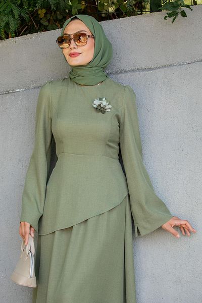 Tesettür Çarşım Rise Linen Brooch Blouse Skirt Set-Mint