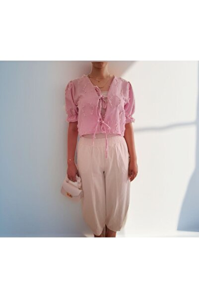 Mistix Önden Bağlamalı Balon Kol Püsküllü Keten Gömlek