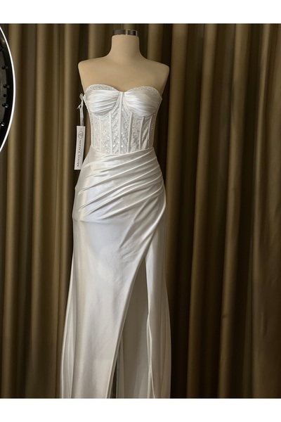 MODA Beyaz korse detay elbise pul işleme drapeli nişan nikah elbise