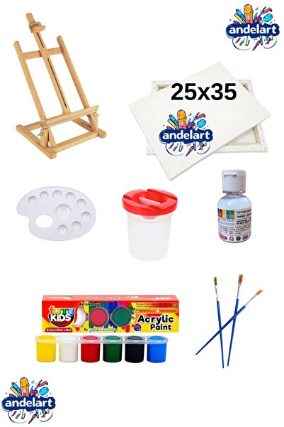 andelart Resim Boya Seti - Masa Şövale, 25x35 Tuval, Resim Verniği, Akrilik Boya Palet, (MASAÜSTÜ ŞÖVALYE)