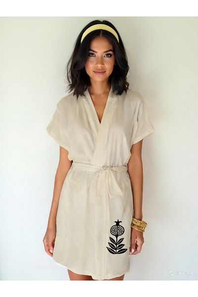 Kidilia Ecru Color Low Sleeve Muslin Kimono with Pomegranate Image