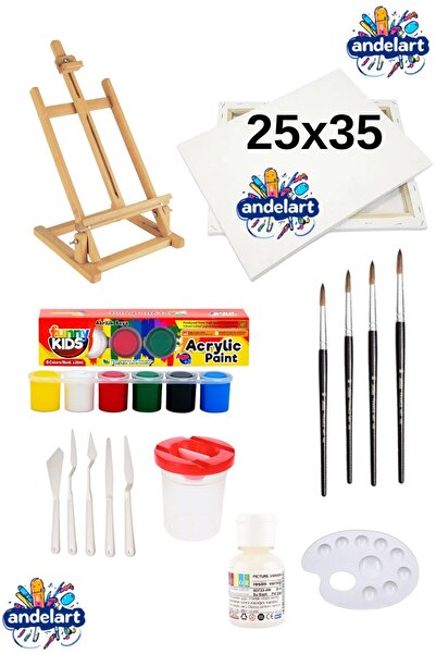 andelart Boya Seti Lüks - Masa Üstü Şövale, 25x35 Tuval, Akrilik Boya Resim Başlangıç Seti