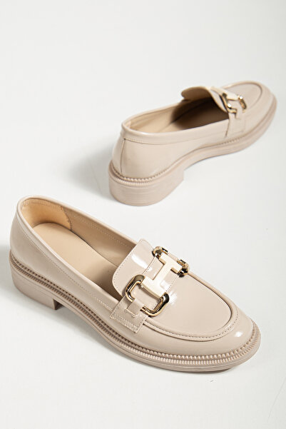 derim shoes Kadın Bej Rugan Suni Deri Loafer Ayakkabı