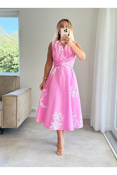 Afiş Butik Pink White Floral Zero Sleeve Tie Detail Midi Dress