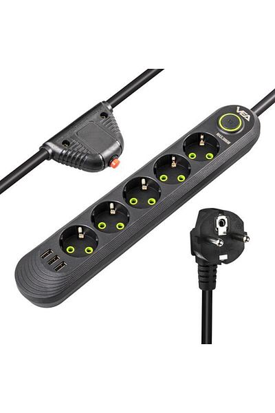 Zibox Vea Va-21561 5-Piece 3 USB 1.5 Meter Surge Protected Socket Black