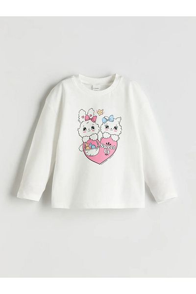 LC Waikiki Lcw Kids Ecru Crew Neck Printed Girls' Pajama Top